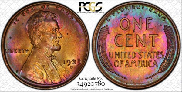 1939-D Cent Wildly Toned MS64RB PCGS