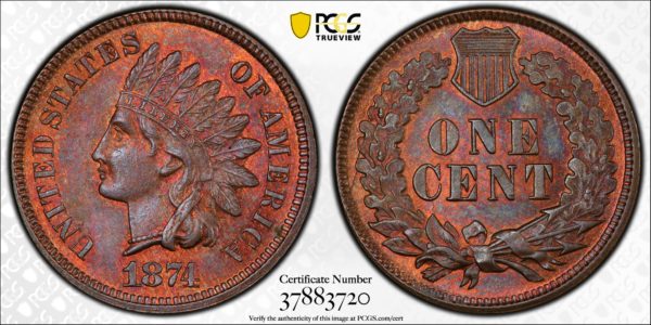 1874 Indian Cent, Lovely Toned MS64+BN PCGS