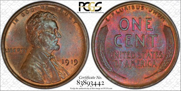 1919 Lincoln Cent, Lovely Toned MS65BN PCGS, Ex: 'Abe's Coloring Book'