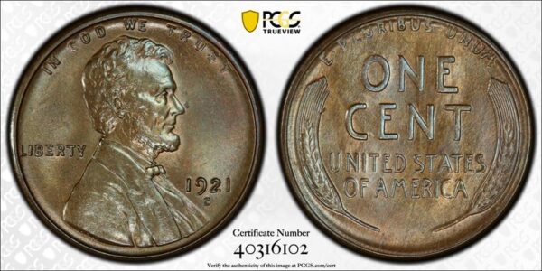 1921-S Lincoln Cent MS65+BN PCGS CAC