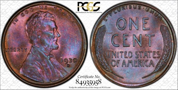1930-D Cent, Wine-Colored MS65BN Pop 19/0, Ex: 'Abe's Coloring Book'