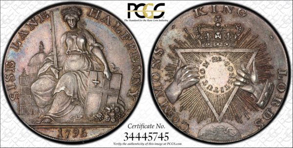 Great Britain 1795 Silver Halfpenny Token Middlesex, Sise Lane-Constitution DH-294c MS62 PCGS Very Rare!