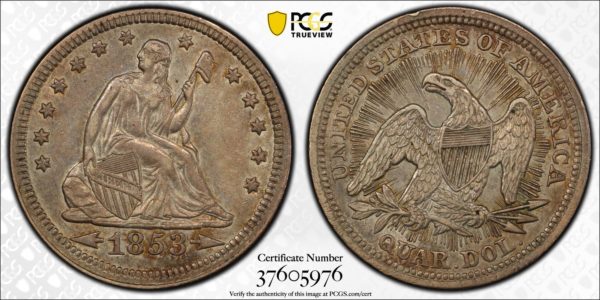 1853 Arrows and Rays Seated Quarter, Lightly Toned, Lustrous Choice XF PCGS.