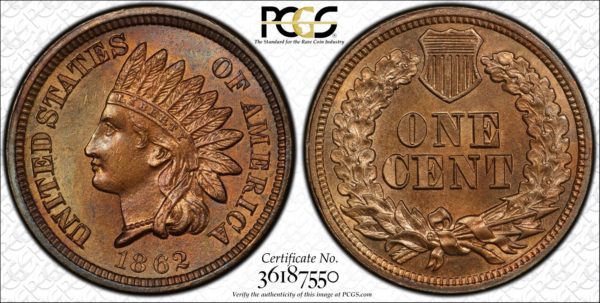 1862 Copper-Nickel Indian Cent MS64 PCGS, Popular Civil War Date.