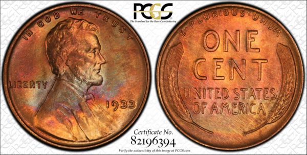 1933 Lincoln Cent, Colorful MS65RB PCGS, Ex: Winged Liberty Set