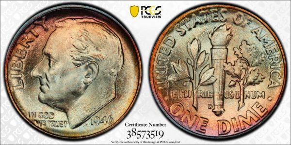 1946-D Roosevelt Dime, MS65FB PCGS, 'Jade Rose,' Nice First-Year Type Coin