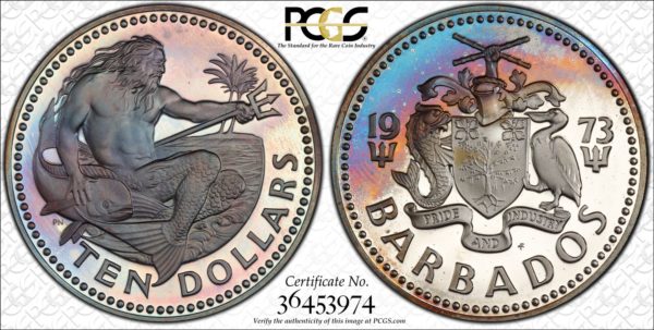 Barbados Silver $10 1973-FM PR68DCAM PCGS 'Pale Atlantic'