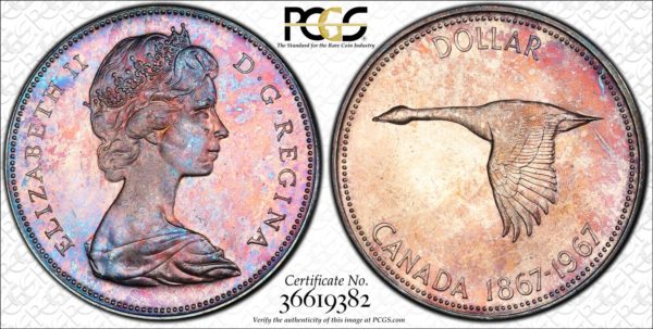 Canada 1967 Silver Dollar MS63 PCGS With Rose and Copper Patina