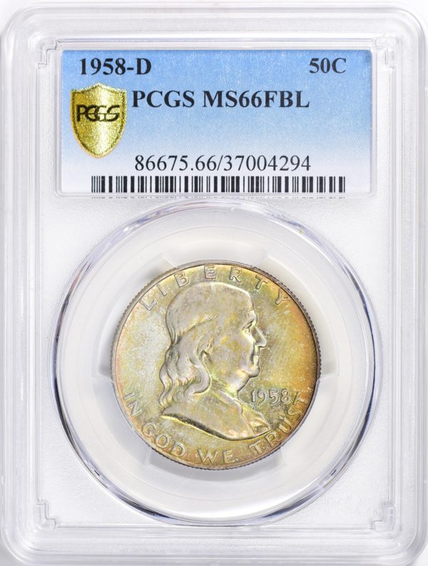 1958-D Franklin Half, Gold- and Amber-Toned MS66FBL PCGS Gorgeous