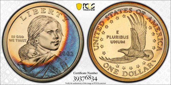 2002-S Toned Sacagawea Dollar PR69DCAM PCGS 'Blue Crescent'
