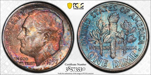 1957 Roosevelt Dime MS66 PCGS 'Coral Blueberry'