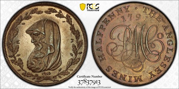 Wales 1791 Halfpenny Token Druid Head-PMCo Cypher DH-387 Bronzed Copper PR63BN PCGS