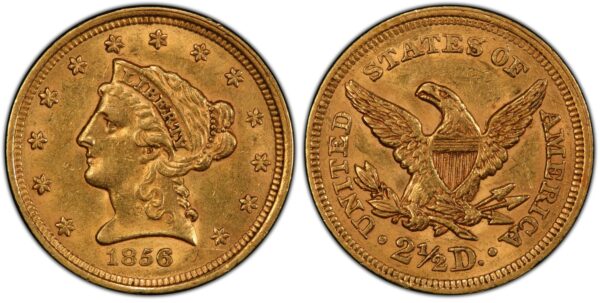 1856 Quarter Eagle, Orange-Gold, Lustrous AU58 PCGS