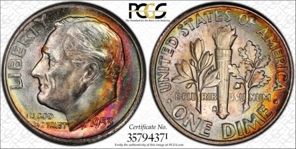 1953-S Roosevelt Dime MS67 PCGS 'Candy Cane'