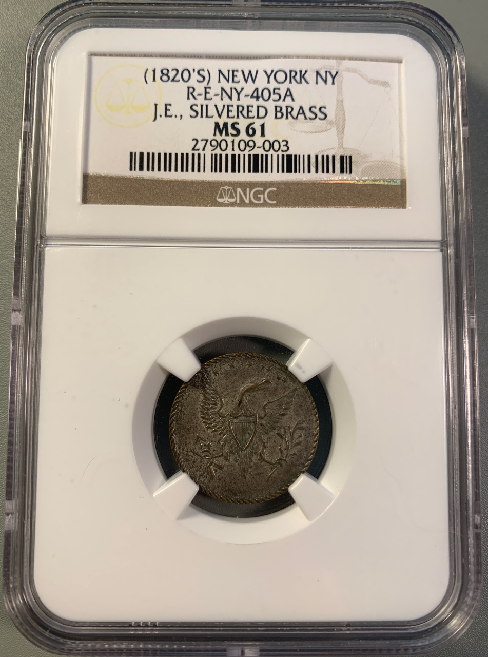 1820s) Richard Trested 'JE' Merchant Token, Silvered Brass,  Rulau-E-NY-405A, R.8 or Higher, Exceedingly Rare, MS61 NGC - VDB Coins