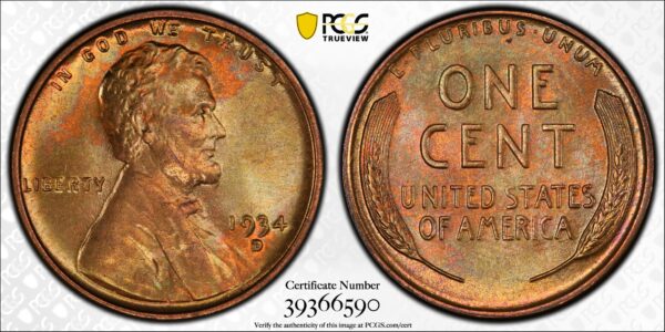 1934-D Lincoln Cent MS66RB PCGS