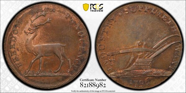 Great Britain 1796 Halfpenny Conder Token, Middlesex, Stag-Plow DH-1041, MS64RB PCGS