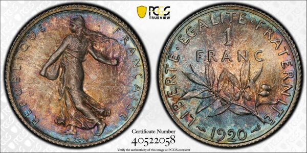 1920 France Silver One Franc 'La Semeuse' MS65 PCGS