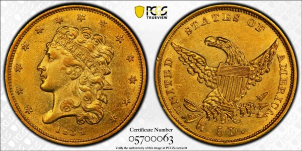 1834 Plain 4 Classic Head Gold Five Dollar, HM-8, R.4, AU55 PCGS Ex: Daryl Haynor