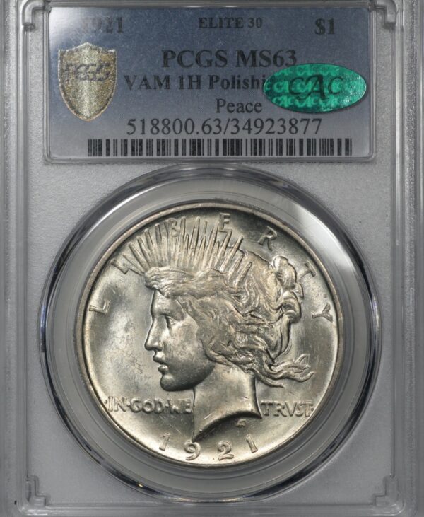 1921 Peace Dollar, MS63 PCGS CAC, VAM-1H, Struck From Satin-Finish Proof Dies