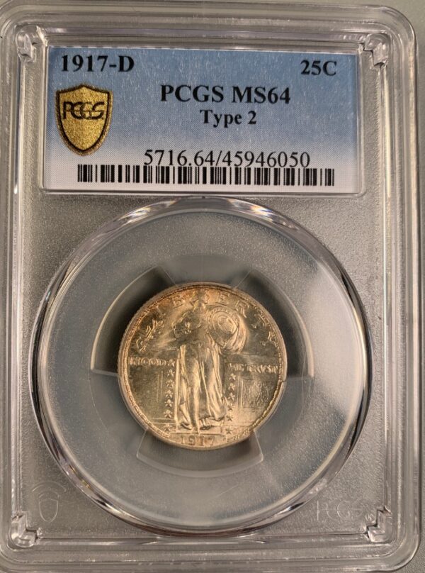 1917-D Type Two Standing Liberty Quarter, Beautifully Toned MS64 PCGS