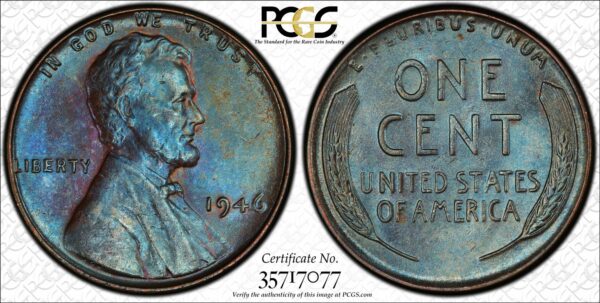 1946 Lincoln Cent MS63BN PCGS Blueberry Toner
