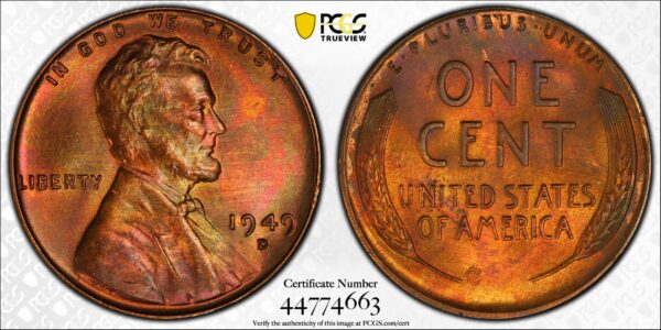 1949-D Lincoln Cent MS65RB PCGS Rose-Green Obverse