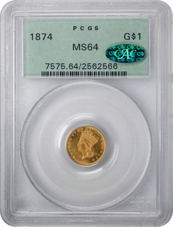 1874 One Dollar Gold MS64 PCGS CAC OGH