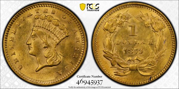 1873 Open 3 Gold Dollar MS62+ PCGS CAC